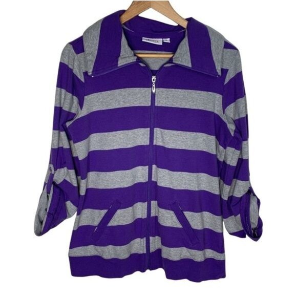 Denim & Co Womens Small Striped Zip Jacket Purple Gray Roll Tab Sleeve Casual - Picture 1 of 6